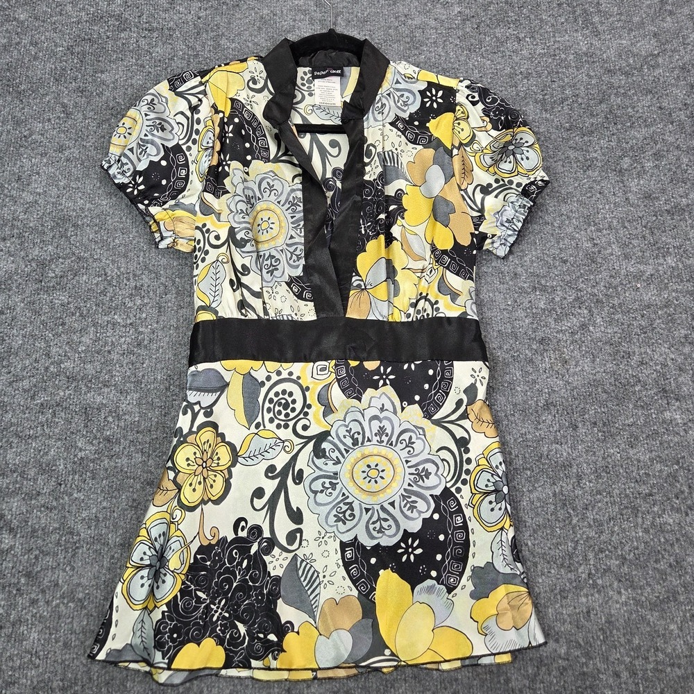 VTG Y2k Butter Yellow Floral V Neck Babydoll Top Medium Puff Sleeve Paper Doll